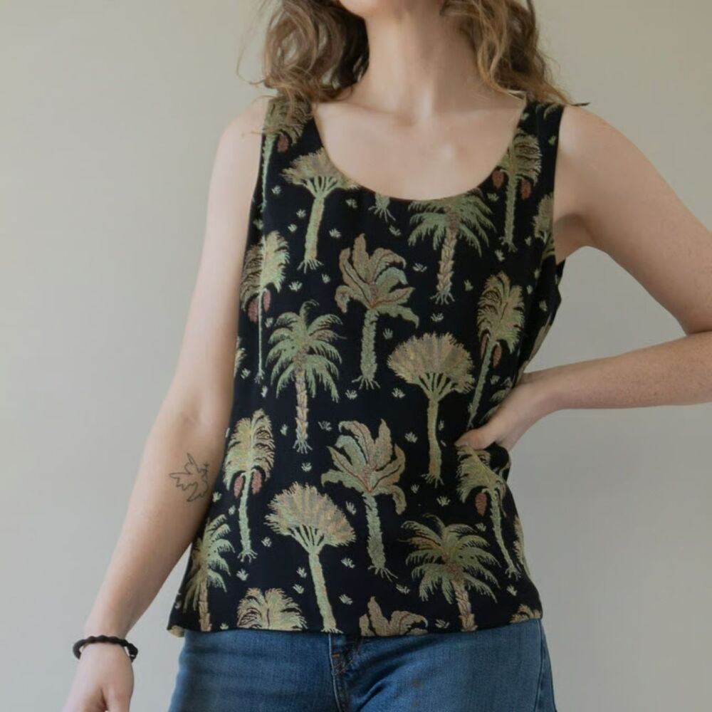 Vintage 90s Black Silk Palm Tree Summer Women's Tank top